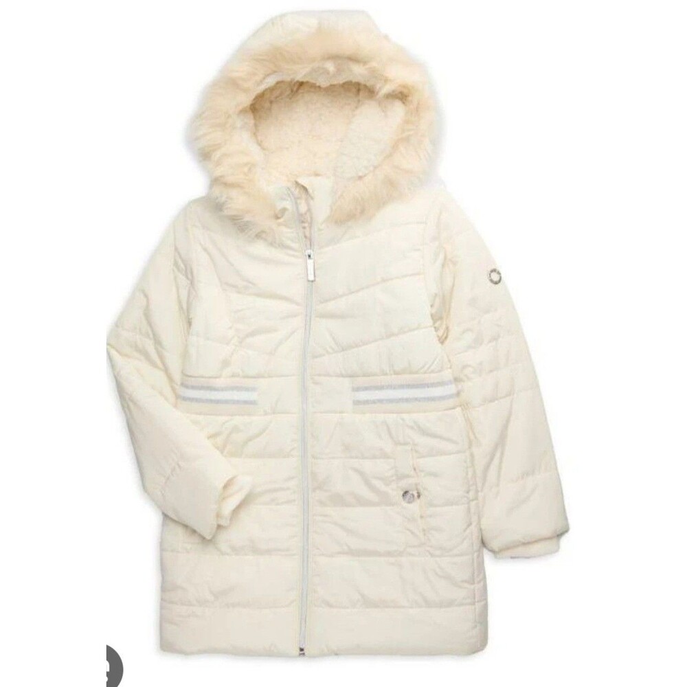 Girls Ivory Hooded Puffer Coat Faux Fur Trim BCBG Size XL NWT Winter Jacket